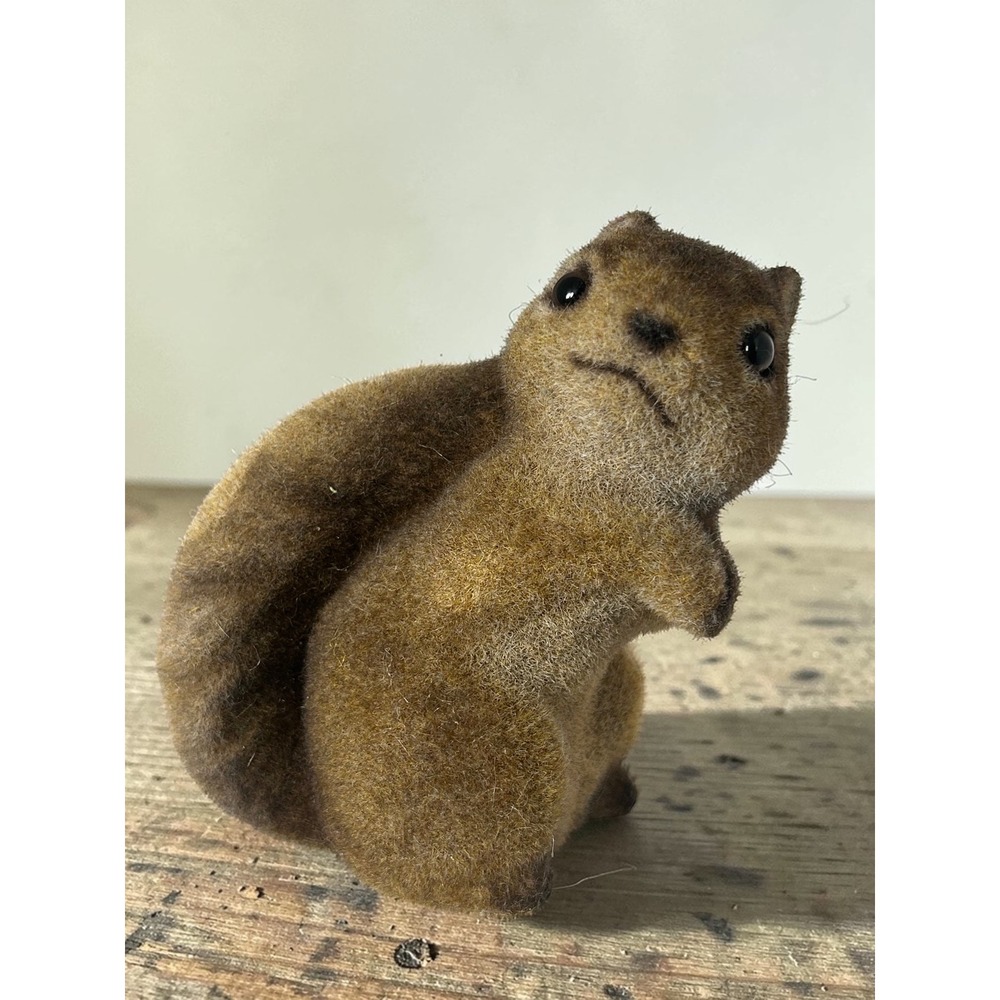 Vintage Flocked Squirrel Coin Bank Brown Fuzzy Woodland Animal Figurine Piggy Bk